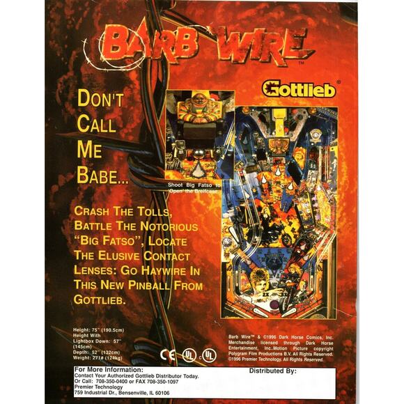 Pamela Anderson Barb Wire Pinball Machine FLYER Original 8.5" x 11" Two Sides - Picture 2 of 2